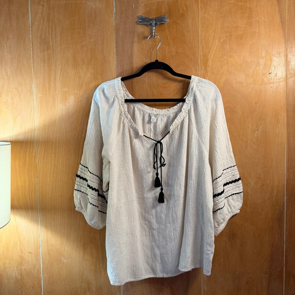 Cato Tops - Cat 22/24W Cream Linen Blend Tassel Peasant Blouse Rickrack Top